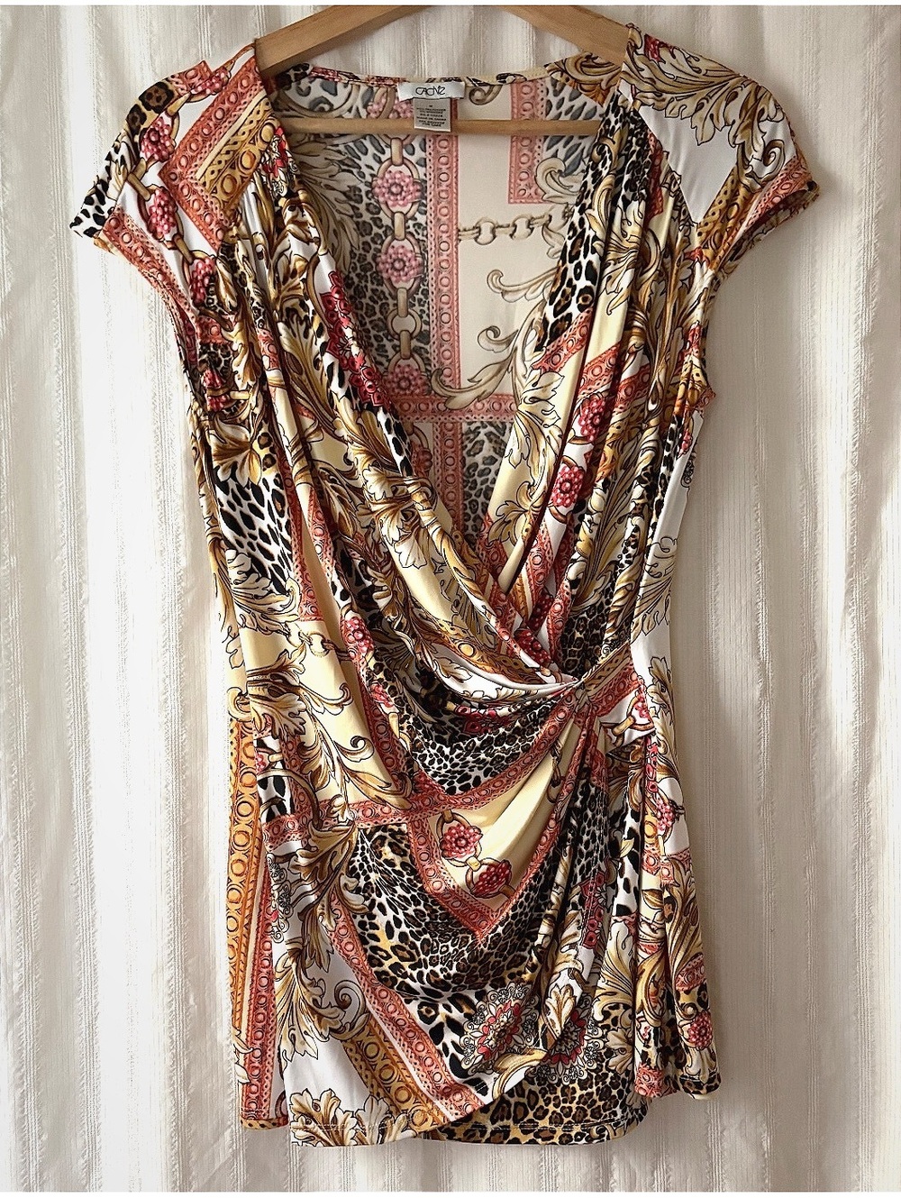 Maximalist Cache Medium Wrap Shirt with Gold Baroque and Leopard Print #elegant
